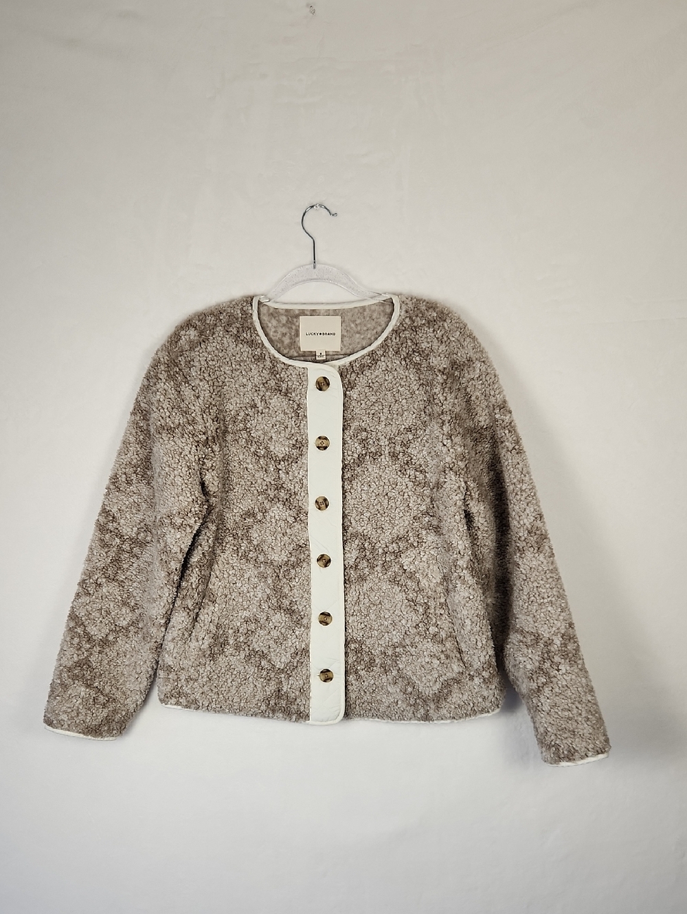 Lucky Brand Taupe Teddy Jacket with Cream‎ Button Placket